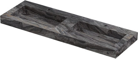 Ink Pitch Wastafel keramische slab bak dubbel met drain en front en side skirts 2 kraangaten 140x45x9 Venice brown glossy Zwart