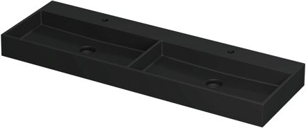 Ink Wastafel United Porselein dubbel met 2 kraangaten incl. porseleinen click plug en verborgen overloop systeem 140 cm x 45 cm x 11 cm Mat zwart 0206154