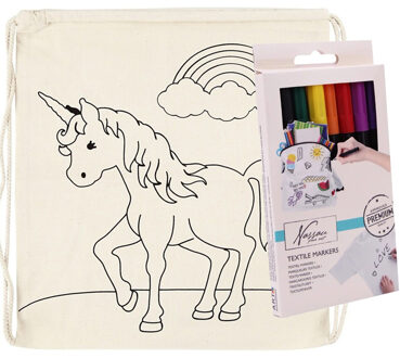 Inkleurbaar rugzakje eenhoorn print incl 8x textielstiften - katoen - 41 cm