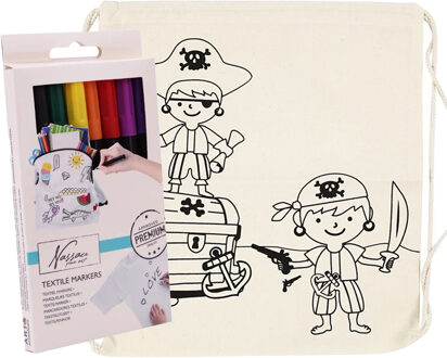 Inkleurbaar rugzakje piraat incl 8x textielstiften - katoen - 41 cm