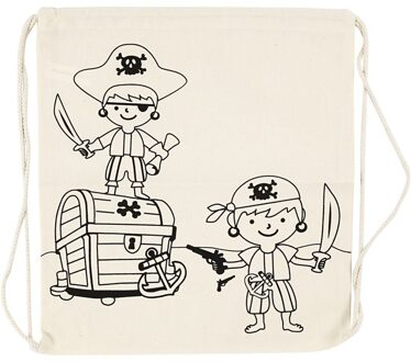 Inkleurbaar rugzakje - Piraat thema - katoen - wit - 37x41 cm - kinderfeestje - trekkoord