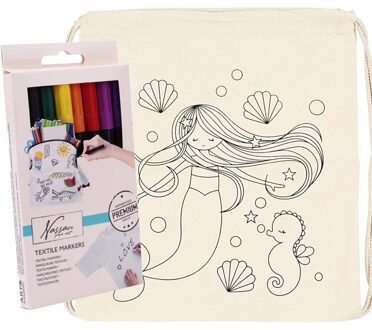 Inkleurbaar rugzakje zeemeermin print incl 8x textielstiften - katoen - 41 cm