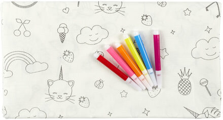 Inkleurbaar tafelkleed voor kinderen - papier - incl. stiften roze/rood - 180 x 120 cm - feest tafel