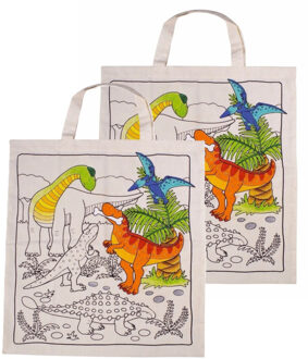 Inkleurbaar tasje DIY - 2x - dinosaurus motief - 38 x 42 cm - fairtrade katoen
