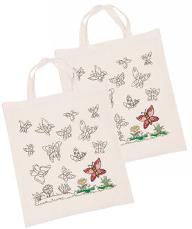 Inkleurbaar tasje DIY - 2x - vlinder motief - 38 x 42 cm - fairtrade katoen