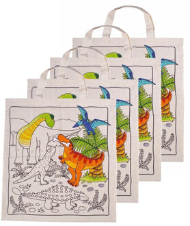 Inkleurbaar tasje DIY - 4x - dinosaurus motief - 38 x 42 cm - fairtrade katoen