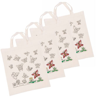 Inkleurbaar tasje DIY - 4x - vlinder motief - 38 x 42 cm - fairtrade katoen