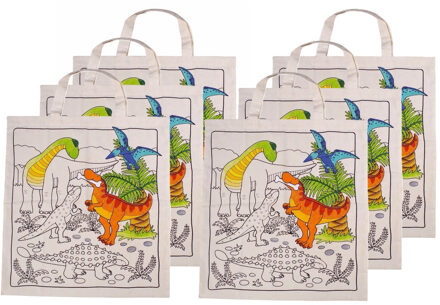Inkleurbaar tasje DIY - 6x - dinosaurus motief - 38 x 42 cm - fairtrade katoen