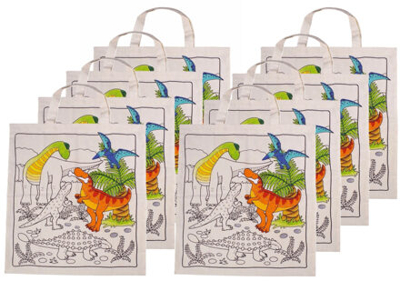 Inkleurbaar tasje DIY - 8x - dinosaurus motief - 38 x 42 cm - fairtrade katoen