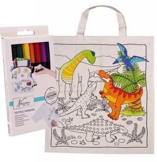 Inkleurbaar tasje met dinosaurus motief incl 8x textielstiften - katoen - 38 x 42 cm - Hobbypakket