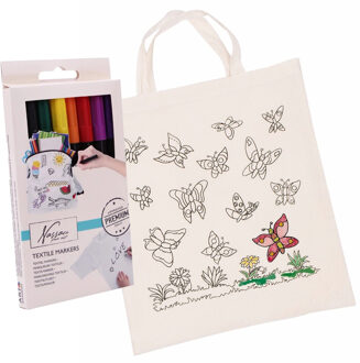 Inkleurbaar tasje met vlinder motief incl 8x textielstiften - katoen - 38 x 42 cm - Hobbypakket