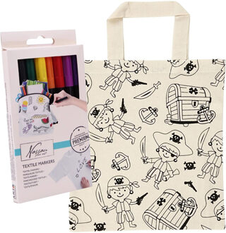 Inkleurbaar tasje piraten incl 8x textielstiften - katoen - 30 cm