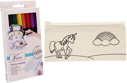 Inkleurbare etui eenhoorn incl 8x textielstiften - katoen - 9 cm