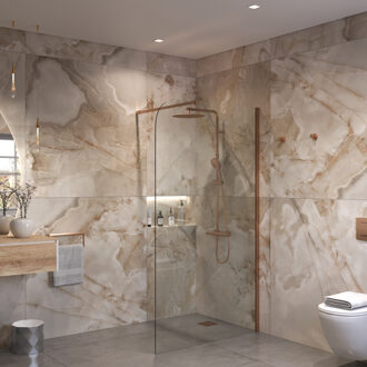 Inloopdouche Ronde Hoek Glas 8mm Nano Coating Brons Profiel met Stang (Alle Maten)