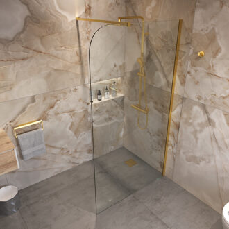 Inloopdouche Ronde Hoek Glas 8mm Nano Coating Geborsteld Goud Profiel met Stang (Alle Maten)