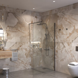 Inloopdouche Ronde Hoek Glas 8mm Nano Coating Gunmetal Profiel met Stang (Alle Maten)