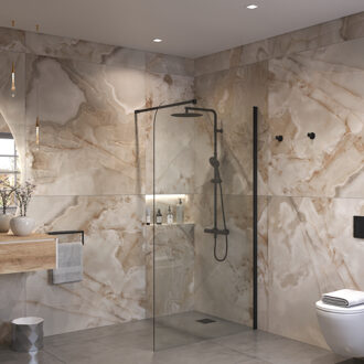 Inloopdouche Ronde Hoek Glas 8mm Nano Coating Mat Zwart Profiel met Stang (Alle Maten)