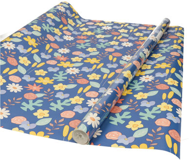 Inpakpapier/cadeaupapier - blauw met gekleurde bloemen design - 200 x 70 cm - Cadeaupapier