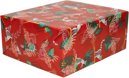 Inpakpapier/cadeaupapier rood met ringstaartmaki design print 200 x 70 cm - Cadeaupapier