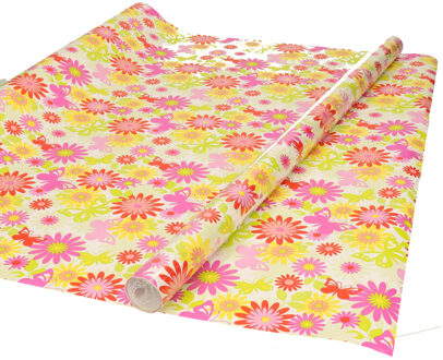 Inpakpapier/cadeaupapier - wit met gekleurde bloemen design - 200 x 70 cm - Cadeaupapier