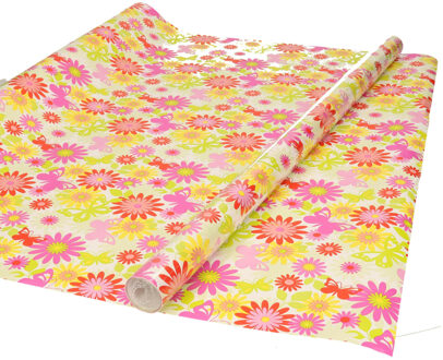 Inpakpapier/cadeaupapier - wit met gekleurde bloemen design - 200 x 70 cm
