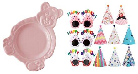 Ins Cartoon Beer Schattige Keramische Plaat Roze Met Party Hoeden En Glazen Set