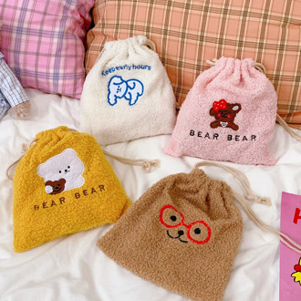 INS Cute Bear Plush Drawstring Bags Kawaii Animal Home Storage Bag Mini Cosmetic Travel Pouch Wash Holder For Girl Women