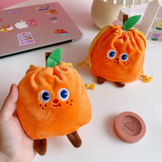 INS Cute Orange Plush Drawstring Bags Kawaii Home Storage Bag Mini Cosmetic Travel Pouch Wash Holder For Girl Women