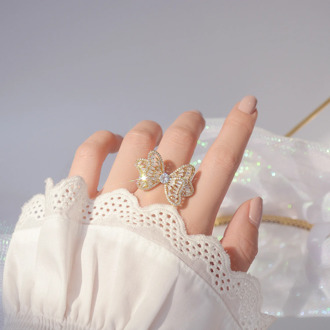 Ins Hot Sale 14K Real Gold Adjustable Hollow Rings for Women Luxury Shining AAA Cubic Zircon Butterfly Engagement Rings