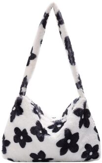Ins Mode Vrouwen Versitile Leuke Pluche Bloem Patroon Schouder Onderarm Meisje Franse Vintage Retro Faux Fur Handtas Furry Fluffy wit