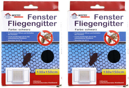 Insecten raam hor/gordijn incl tape - 2x - zwart - polyester - 130 x 150 cm