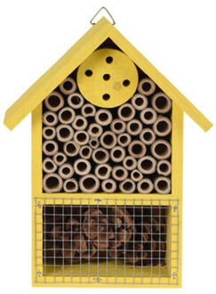 Insectenhotel huisje - geel - 20 cm - dennenhout - hotel voor insecten