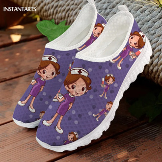 INSTANTARTS Purple Color Nurse Girl Pattern Women Flats Shoes Lace Up Mesh Sneaker Lightweight Female Summer Breathable Sneaker
