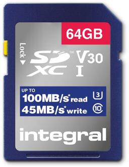 Integral INSDX64G-100V30 64GB SD CARD SDXC UHS-1 U3 CL10 V30 UP TO 100MBS READ 45MBS WRITE flashgeheugen UHS-I
