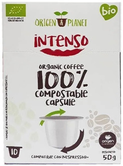 Intense organic coffee, compatible Nespresso 10 compostable capsules origin