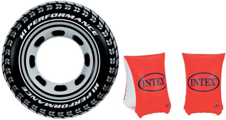 Intex Opblaasbare autoband zwemband/zwemring 91 cm met oranje zwemvleugels van intex
