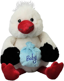 Inware pluche geboorte ooievaar knuffeldier - wit - staand - 21 cm - baby boy/geboorte jongen - Vogel knuffels