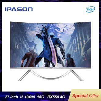 IPASON V10 27 Inch Curved All-In-One Gaming Computer New 10th Gen i5 10400 RX550 4G D4 RAM 16G 512G SSD PUBG Gaming Desktop PC