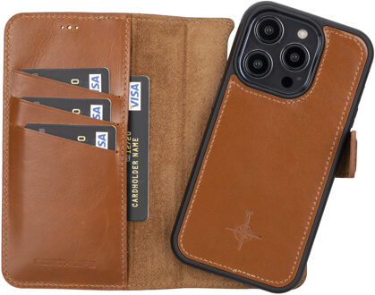 iPhone 14 Pro - Lederen Afneembare 2-in-1 bookcase hoes - Cognac Bruin