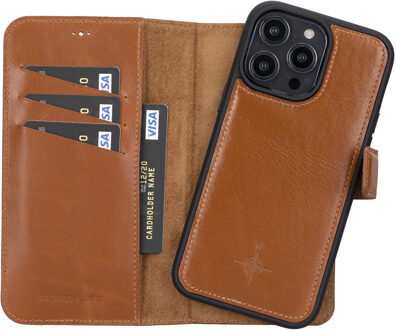 iPhone 14 Pro Max - Lederen Afneembare 2-in-1 bookcase hoes - Cognac Bruin