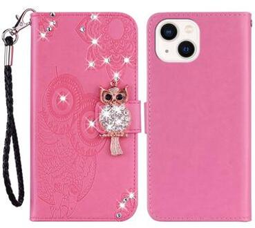iPhone 15 Plus Uil Strass Portemonnee Hoesje - Hot Pink