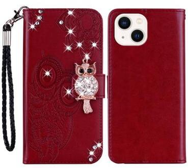 iPhone 15 Plus Uil Strass Portemonnee Hoesje - Rood