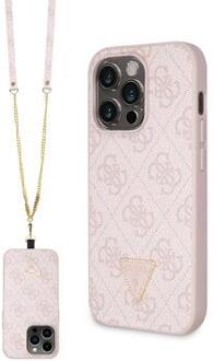 iPhone 15 Pro Guess 4G Strass Triangle Metal Logo Case with Crossbody Strap - Roze