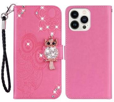 iPhone 15 Pro Max Uil Strass Portemonnee Hoesje - Hot Pink