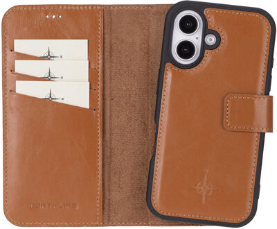 iPhone 16 - Leren Afneembare 2-in-1 bookcase telefoonhoes - Cognac Bruin