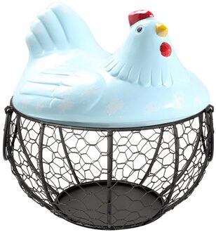 Iron Ei Opslag Mand Kip Vorm Keramische Deksel Anti-Slip Fruit Organizer Met Handvat Grote Capaciteit Keuken Mesh Houder blauw