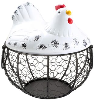 Iron Ei Opslag Mand Kip Vorm Keramische Deksel Anti-Slip Fruit Organizer Met Handvat Grote Capaciteit Keuken Mesh Houder wit
