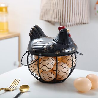 Iron Ei Opslag Mand Kip Vorm Keramische Deksel Anti-Slip Fruit Organizer Met Handvat Grote Capaciteit Keuken Mesh Houder zwart