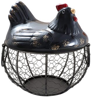 Iron Ei Opslag Mand Kip Vorm Keramische Deksel Anti-Slip Fruit Organizer Met Handvat Grote Capaciteit Keuken Mesh Houder zwart