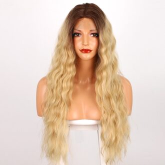 Isaic Synthetische Ombre Blonde Lace Front Pruik Voor Vrouwen Dark Wortel Lange Golvende Kant Pruik Middenscheiding Hittebestendige